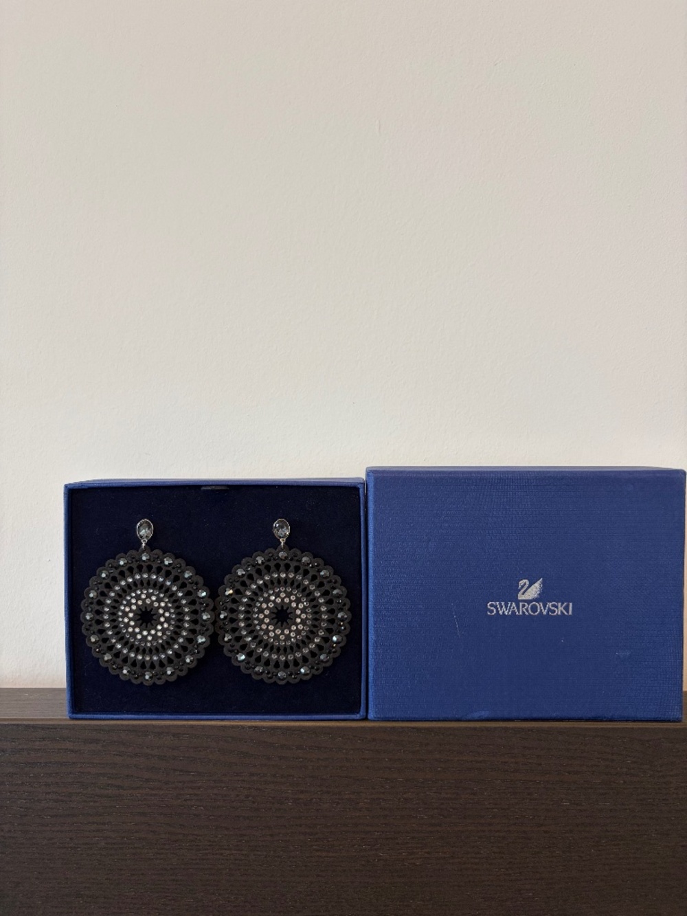Swarovski Suede Crystal Statement Earrings Black Silver 2.75”